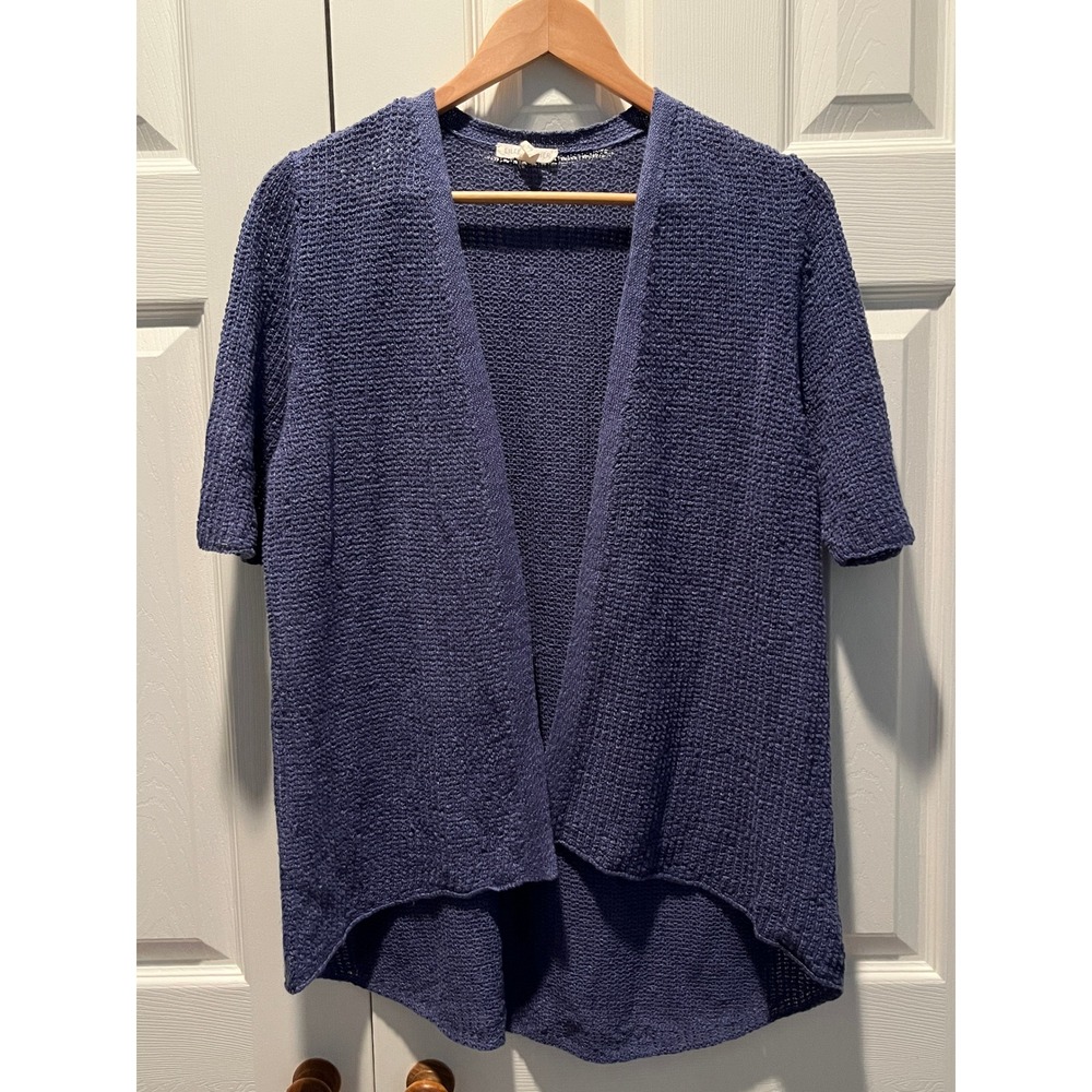 Eileen Fisher Cardigan L Purple Open Front Textured Knit High Low Short Sleeve - Picture 2 of 8